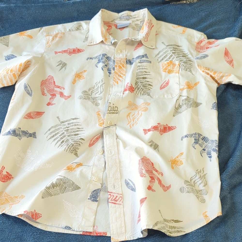 Columbia Kids Fish Print Button Down Shirt - Cream, Red, Blue